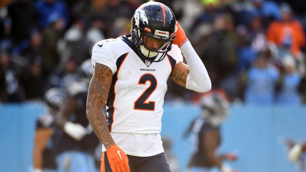  Nov 13, 2022; Nashville, Tennessee, USA; Denver Broncos cornerback Pat Surtain II (2) reacts after a touchdown by Tennessee Titans wide receiver Nick Westbrook-Ikhine (15) during the second half at Nissan Stadium. Mandatory Credit: Christopher Hanewinckel-USA TODAY Sports